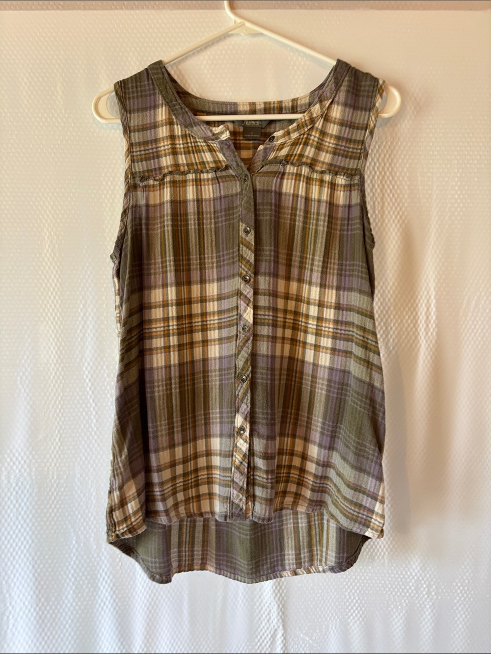Natural Reflections Sleeveless Plaid Button-Front Tank in Olive, Mauve, Cream